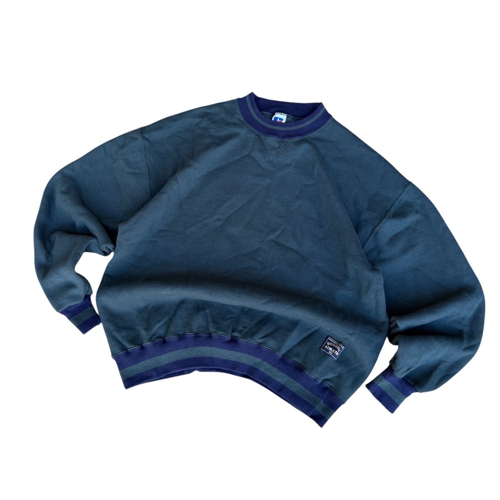 Vintage Russell Athletic Sweatshirt XL Made in USA Green Navy Striped Trim 90s